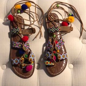 Sam Edelman Lisabeth Beaded Lace Up Pom Sandals